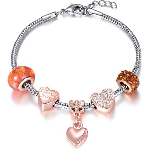 Fashion Lobster Clasp Charm Bracelet For Women Heart-shaped Crystal Beads Rose Gold Pendant Brand Bracelet Jewelry Gifts