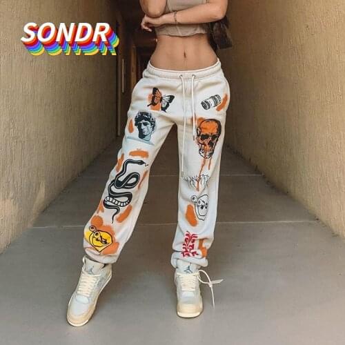 SONDR 2021 Autumn Winter Trousers Street Wear Gothic Trend Cotton Multi-pattern Printing Bandage Thick Warm Casual Harem Pants