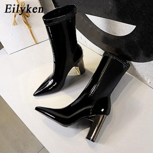 Eilyken Streets Style Chelsea Boots Women Fall New Fashion Metal Square Heels Sexy Pointed Toe Ladies Party Dance Shoes Booties