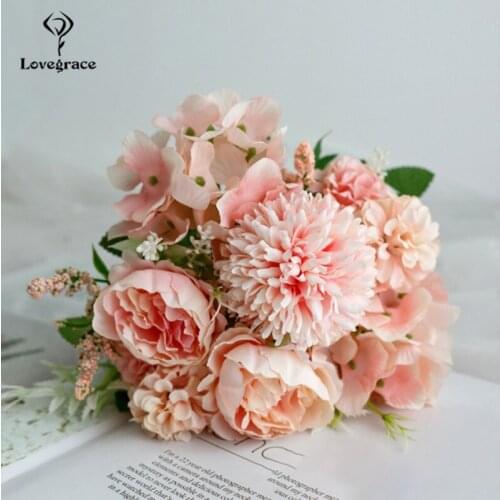 Lovegrace Artificial Silk Rose Peony Flower Wedding Bouquet Bride Bouquet Pink Hydrangea Pompom Bud Vanilla Spike Wedding Supply