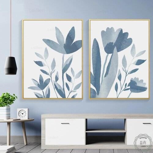 Korean Minimalist Watercolor Light Blue Flowers Poster Abstract Plants Canvas Painting Wall Art Pictures for Modern Home Decor