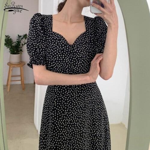 Korean Fashion Square Collar Party Dress 2021 Slim Fit Dot Puff Sleeve Dresses Women Summer Black Maxi Dress Vestidos 14393