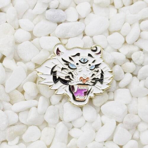 Cool animal enamel pin three eyes white tiger growling angry showing teeth brave sign men and women punk jewelry lapel brooch
