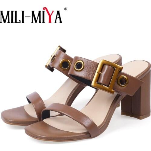 MILI-MIYA New Style Fashion Metal Buckle 7cm Thick High Heeled Sandals Slides Women Elegant Opened Toe Outwear Gladiator Shoes