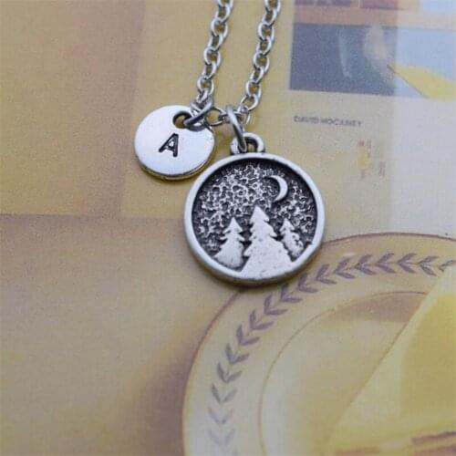Fashion A-Z Letter Initial Necklace Night Moon Forest Mountain Pine Tree Pendant Outdoor Travel Jewelry