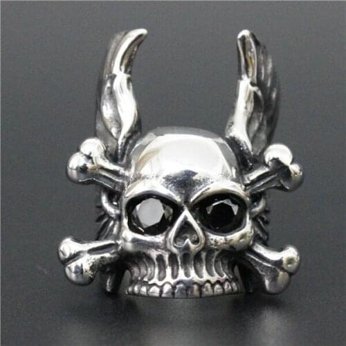 Size 7-13 Crystal Eyes Solid Skull Ring 316L Stainless Steel Man Boy Flying Wings Biker Ring