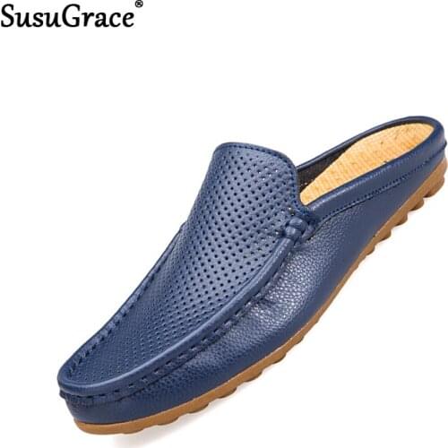 SusuGrace New Mens Leather Mules Summer Casual Slippers Breathable Light Flats Shoes Outdoor Balck Blue White Zapatos de hombre