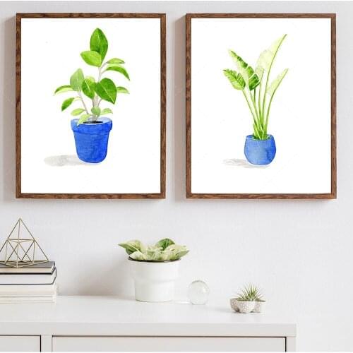 A set of 2 sets of indoor plant prints, plant posters, potted watercolor plants, plant wall art, home office, plant prints, bohe