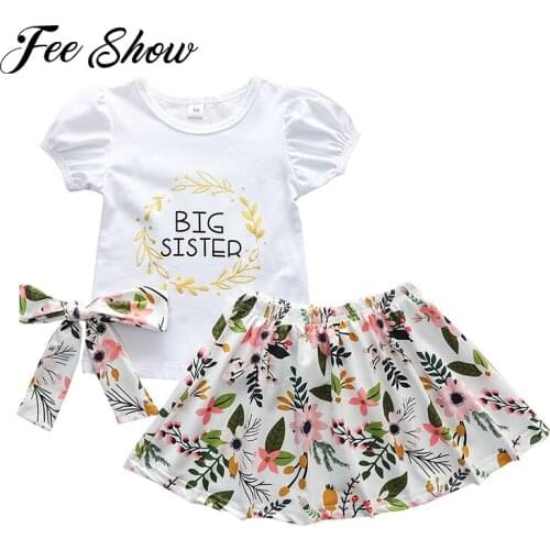 Toddler Baby Girls Outfit Lantern Sleeve Sister Cotton T-shirt Top Floral Skirt Headband Set Kids Girls Casual Clothing