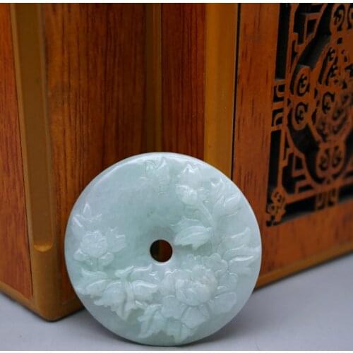 Natural Myanmar Jadeite Hand carved Peony Flower Jade Pendant Jewelry lucky Wealth and Peace Amulet Jade Pendant Fine Jewelry