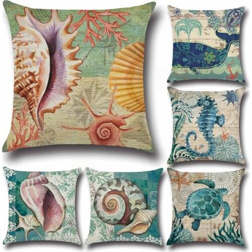 Hand-painted retro cotton and linen sea shells whale hippocampal turtles pillow cushion cover restoring ancient pillow case