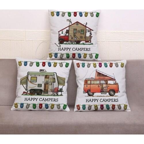 Popular Pillowcase Happy Campers Car Camping Print Pillow Covers Teens Cushion Cover Throw Pillow Case for Sofa Home Pillowcase