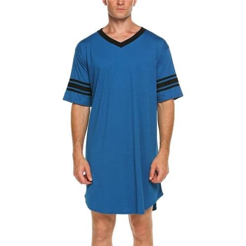 Men Cotton Nightshirt Robes Short Sleeve Soft Cotton V-neck Loose Nightwear Summer Casual Male Sleepwear Long Tops