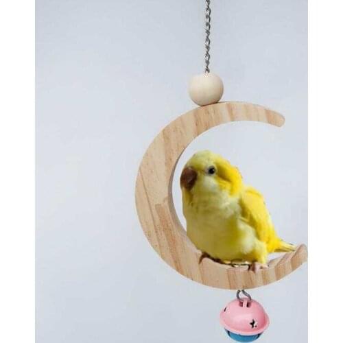 2021 New Parrot Swing Perch Stand Moon Shape Hammock Hanging Bell Pet Bird Wooden Cage