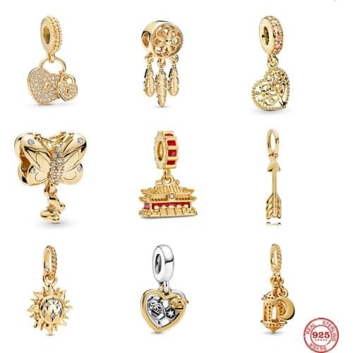 New gold earts & Bees Dangle Sparkling Sun arrow family diy bead fit Original Pandora charm silver 925 Bracelet trinket jewelry