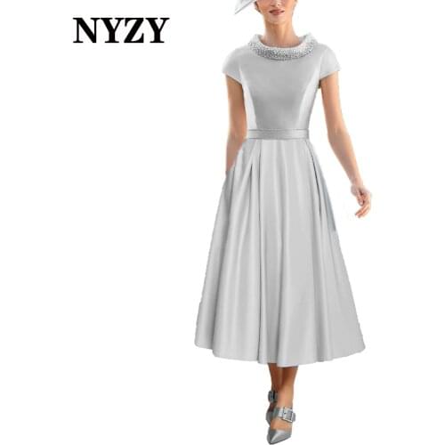 NYZY M393A Vintage Bowl Neck Beaded Silver Mother of the Bride Dresses 2021 Satin Wedding Party Dress Cocktail Evening Gowns