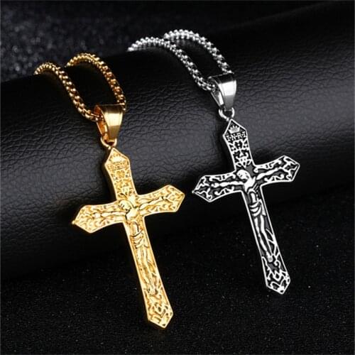 Hip-Hop Cross Necklace Pendant For Men 60cm 316L Stainless Steel Gold Silver Color Chain + Alloy Cross Pendant Jewelry Wholesale