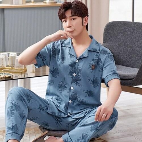 Summer Autumn Casual Good Quality Cotton Pajama Sets for Men Short Sleeve Long Pant Sleepwear Pyjama Male Homewear Lounge Wear