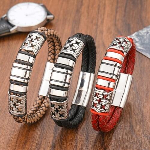 Punk New Summer Fashion Real Gray Braided Leather Bracelet Bracelet 316L Stainless Steel Bracelet Mens Retro Wristband Jewelry