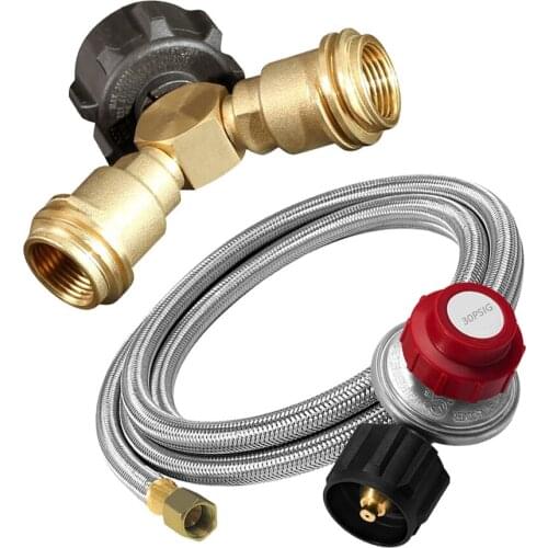 Propane Tank Y-Splitter Valve Adapter with Stainless Regulator 4ft Hose
