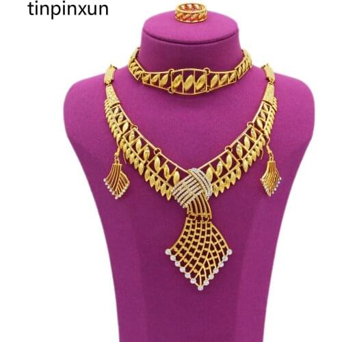PINXUN Nigeria Dubai Bridal Wedding Jewelry Sets Gold color African Fashion Necklace Earrings Ring Bracelet Sets for Women YS1