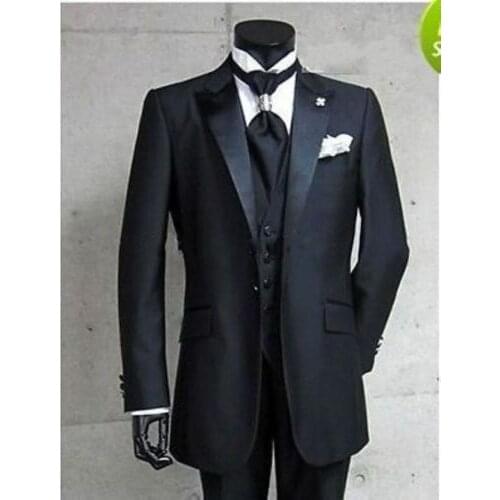 Charcoal grey groom tuxedos best man peak black lapel groomsmen suits men wedding suits bridegroom dress(jacket+pants+vest+tie)