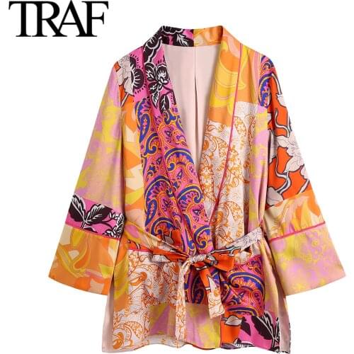 TRAF Za Womens Clothins Rayon Satin Lace Up Jacket French Fashion Coats Boho Tunic Loose Print Kimono Wrap Coat