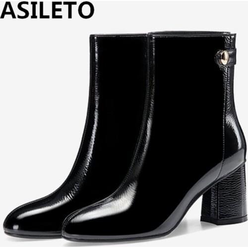 ASILETO Women Genuine Leather Square Heel Ankle Boots Round Toe Patent Leather Zip Designer Brand Big Size 42 Black Red S2310