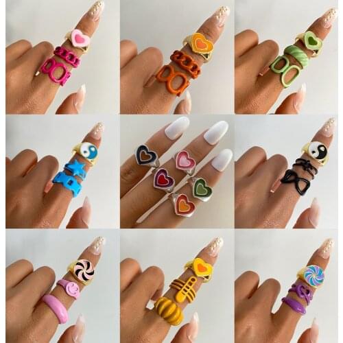 FAMSHIN Vintage Golden Heart Rings Set For Women Fashion Pink Green Color Resin Flower Love Heart Ring Wholesale Jewelry Gifts