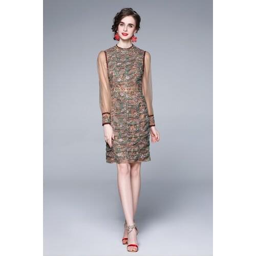 2021 New Fashion Spring Designer Vintage Runway Dress Women Bow Long Sleeve Mesh Embroidery Flowers A-Line Temperament Vestidos