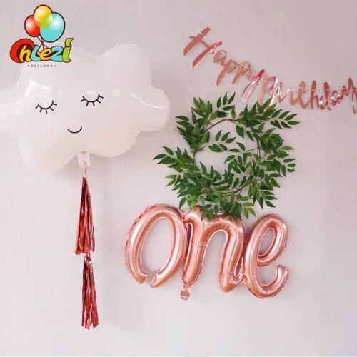 1Set Baby One Year Old Balloons Suit Smiley White Clouds Birthday Banner Leaf Rattan Kids Birthday Party Decorations Shower