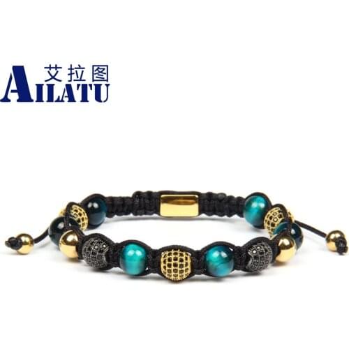 Ailatu Luxury Men Jewelry Micro Pave Ball Braided Bracelet Natural Tiger Eye Stone S. Steel Jewels Enhance Your Business Look