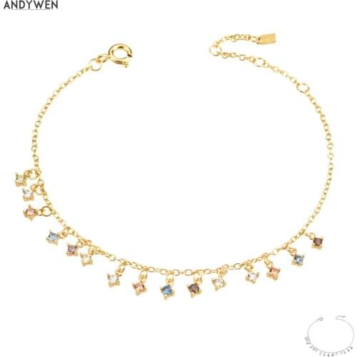 ANDYWEN 2021 New 925 Sterling Silver Gold Colorful Sage Five Zircon CZ Charm Bracelet Chain Luxury Fine Jewelry Wedding Crystal