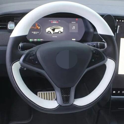 Car Steering Wheel Cover Soft Hand-Stitched Non-slip Black Genuine Leather Suede For Tesla model 3 2017-2020