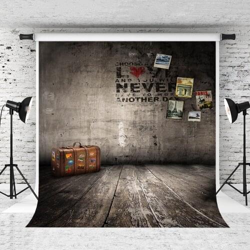 VinylBDS 10X20FT Brick Wall Photography Backdrops Graffiti Poster Suitcase Wall Photo Backdrop Wooden Backgrounds