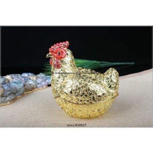 Good Luck and Godd Fortune Bring Rooster Chicken Statue Trinket Jewelry Box Fengshui Chicken Jewelry Box with Coins Covered