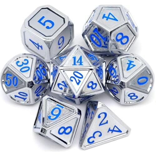 Haxtec Metal DND Dice Set Classic Collection D&D Polyhedral Dice for TTRPG-Silver Blue Numbers