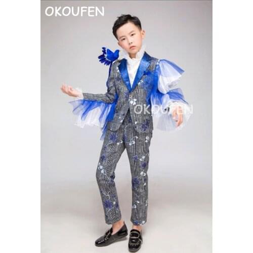 Personality New Flower print suits Mens and womens costumes Chinese style catwalk model show stage performance suit
