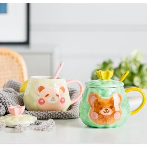 Ceramic Mug Relief Lovely Korean Cartoon Girl Breakfast Milk Schoolgirl Coffee Ceramic Cup With Cover And Spoon