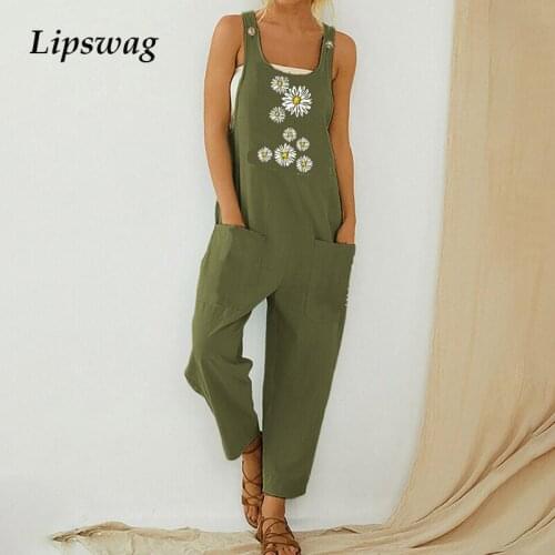 Cotton Daisy Dandelion Print Jumpsuit Bodysuit Sexy Off Shoulder Sleeveless Straps Romper Women Elegant Pockets Beach Overalls