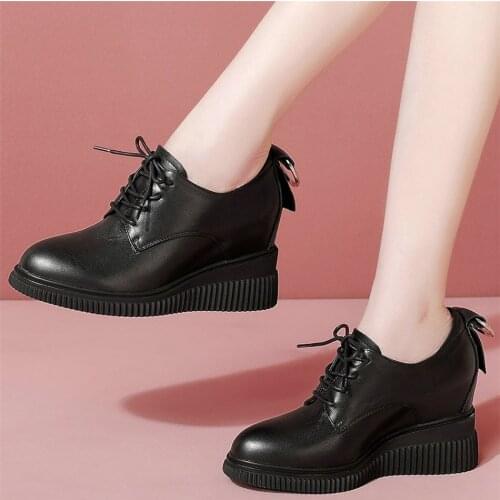 Fashion Sneakers Women Genuine Leather High Heel Ankle Boots Female Platform Wedges Pumps Shoes Lace Up Round Toe Oxfords Shoes