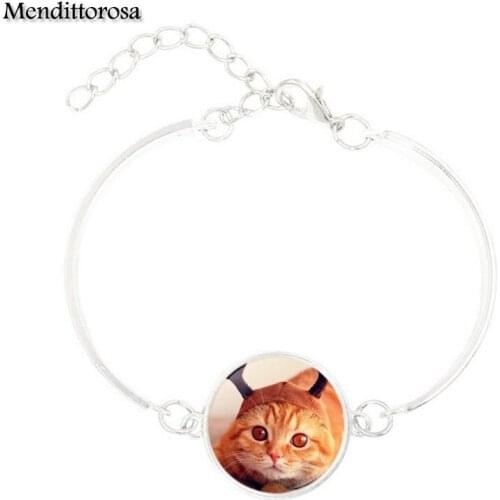 Mendittorosa Cute Small Cat Black Leather Bracelet Bangle With Glass Cabochon Black Leather Bracelet Bangle For Women Kids Gift