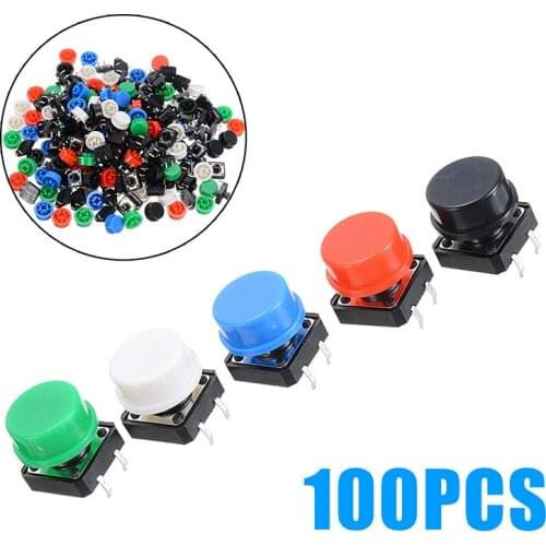 100PCS Miniature PCB Button Switch 12*12*7.3mm Plastic Tactile Switches Tact Push Button Momentary + 5 Color Caps