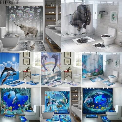 Ocean Dolphin Printed Shower Curtain Elephant Deep Sea Animal Bathroom Curtains Set Pedestal Rug Toilet Lid Cover Non-Slip Mat