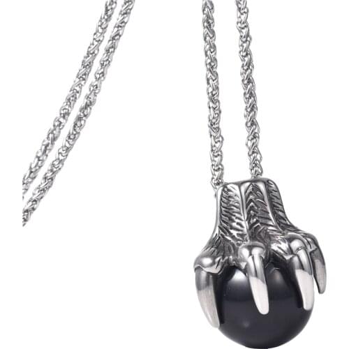 Mens Black Stone Dragon Claw Stainless Steel Pendant Necklace Talisman Ethnic Jewelry