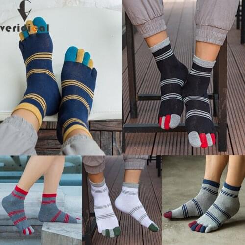 1 Pairs Man Short Five Finger Socks Breathable Striped Business Soft Solid Pure Cotton Party Dress Crew Socks With Toes EU 38-44