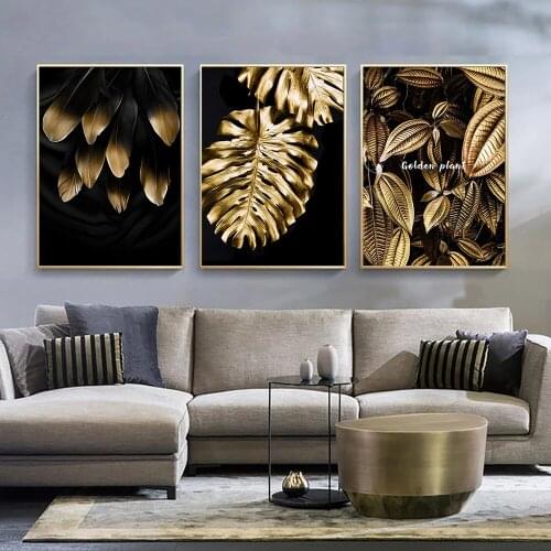 Modern Fashion Light Luxury Canvas Wall Art Golden Leaves Plants Painting Decoration Home Wall Decorative Picture Black Decor