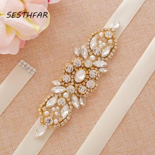 SESTHFAR Thin Rhinestones Flower Bridal Belt Ribbon Diamond Wedding Belt Crystal Bridal Sash For Wedding Prom Gown