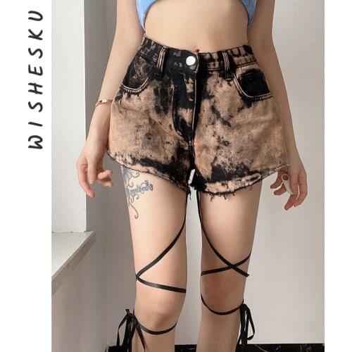 Casual Tie Dye Bandage Denim Shorts Women High Waisted Baggy Wide Leg Short Jeans 2021 Summer Korean Harajuku Streetwear