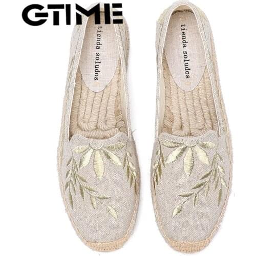 2020 Hot Sale Real Flat Platform Hemp Rubber Slip-on Casual Floral Zapatillas Mujer Womens Espadrilles Flat Shoes